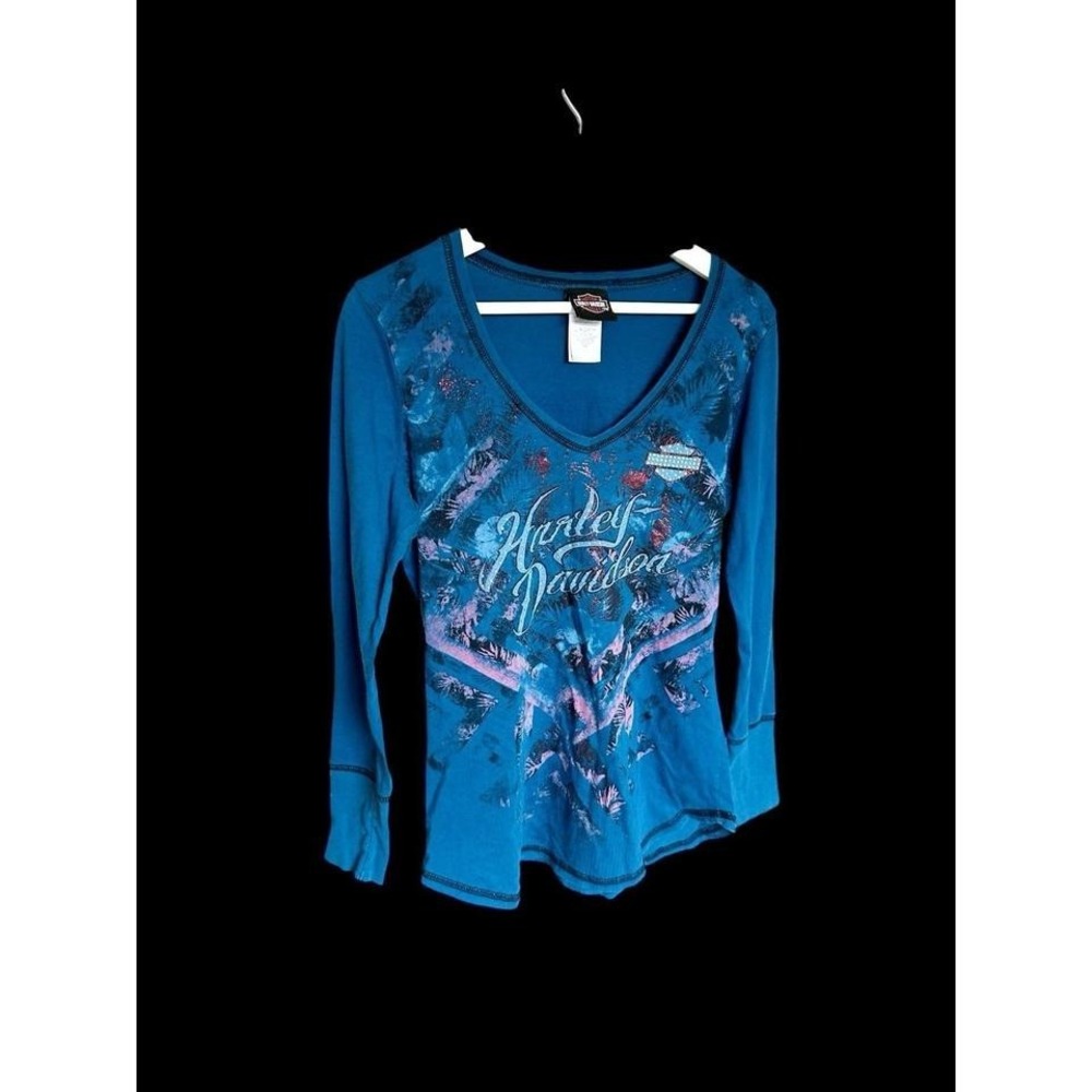 Harley Davidson Long Sleeve Shirt Womens Sz Large Teal Y2k Double Sided